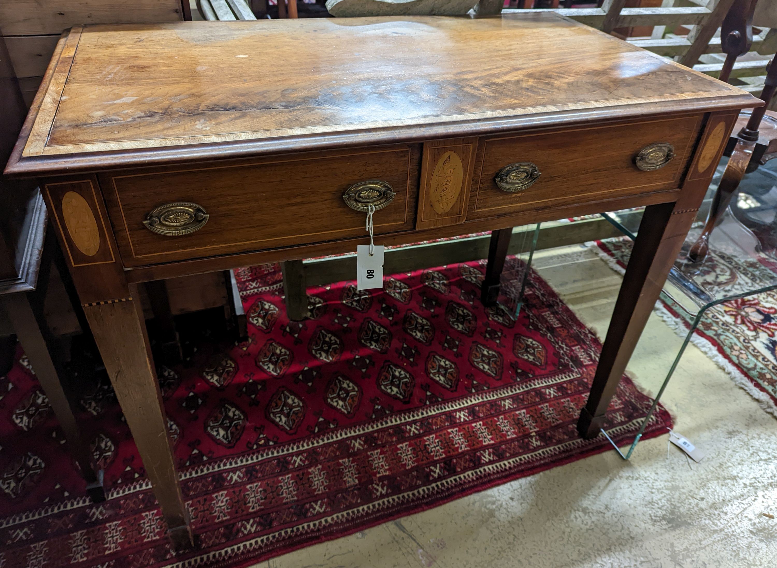 A George IV satinwood inlaid rectangular mahogany side table, width 93cm, depth 54cm, height 75cm